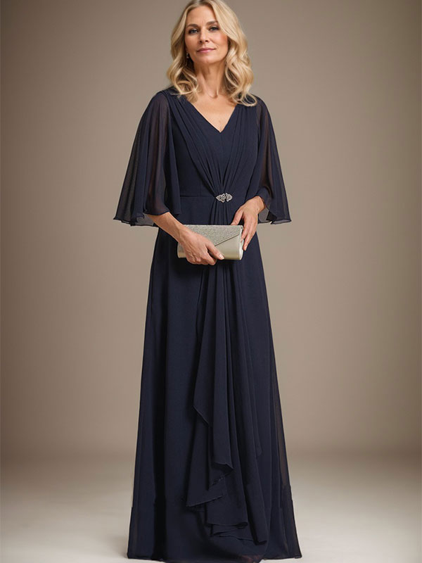 A-Linien V-Ausschnitt Bodenlanges Chiffon Kleid für die Brautmutter mit kaskadierenden Rüschen und Kristallbrosche