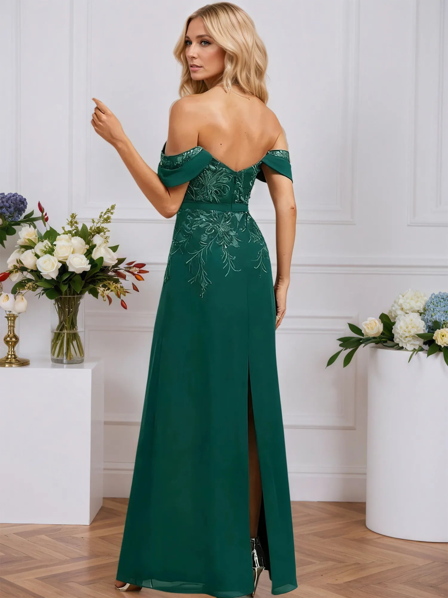 Sheath/Column Off the Shoulder Floor-Length Lace Chiffon Evening Dress With Sequins