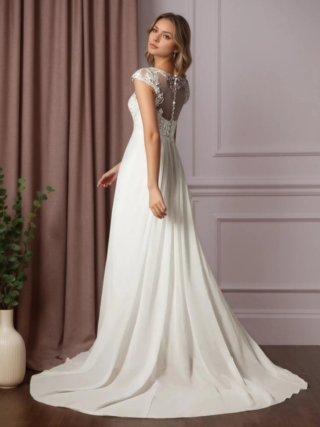 Vestido de novia línea A blanco con escote redondo y lentejuelas de gasa