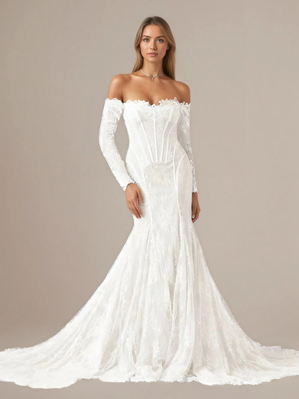 Vestido de novia blanco sirena de tul con escote off the shoulder