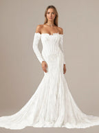 Vestido de novia blanco sirena de tul con escote off the shoulder