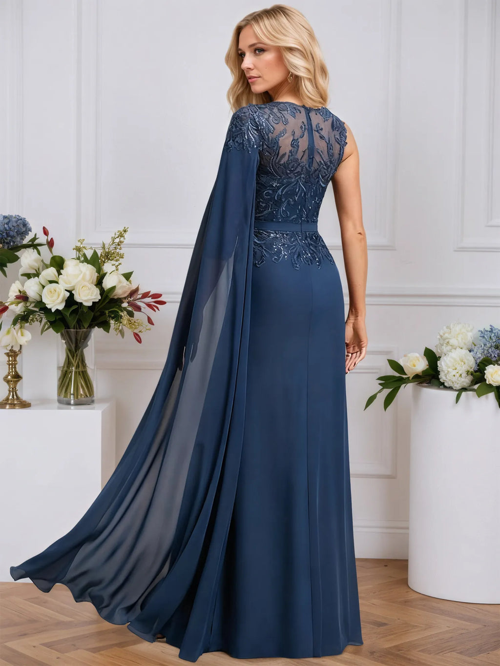 A-line Scoop Neck Floor-Length Chiffon Evening Dress With Sequins Appliques