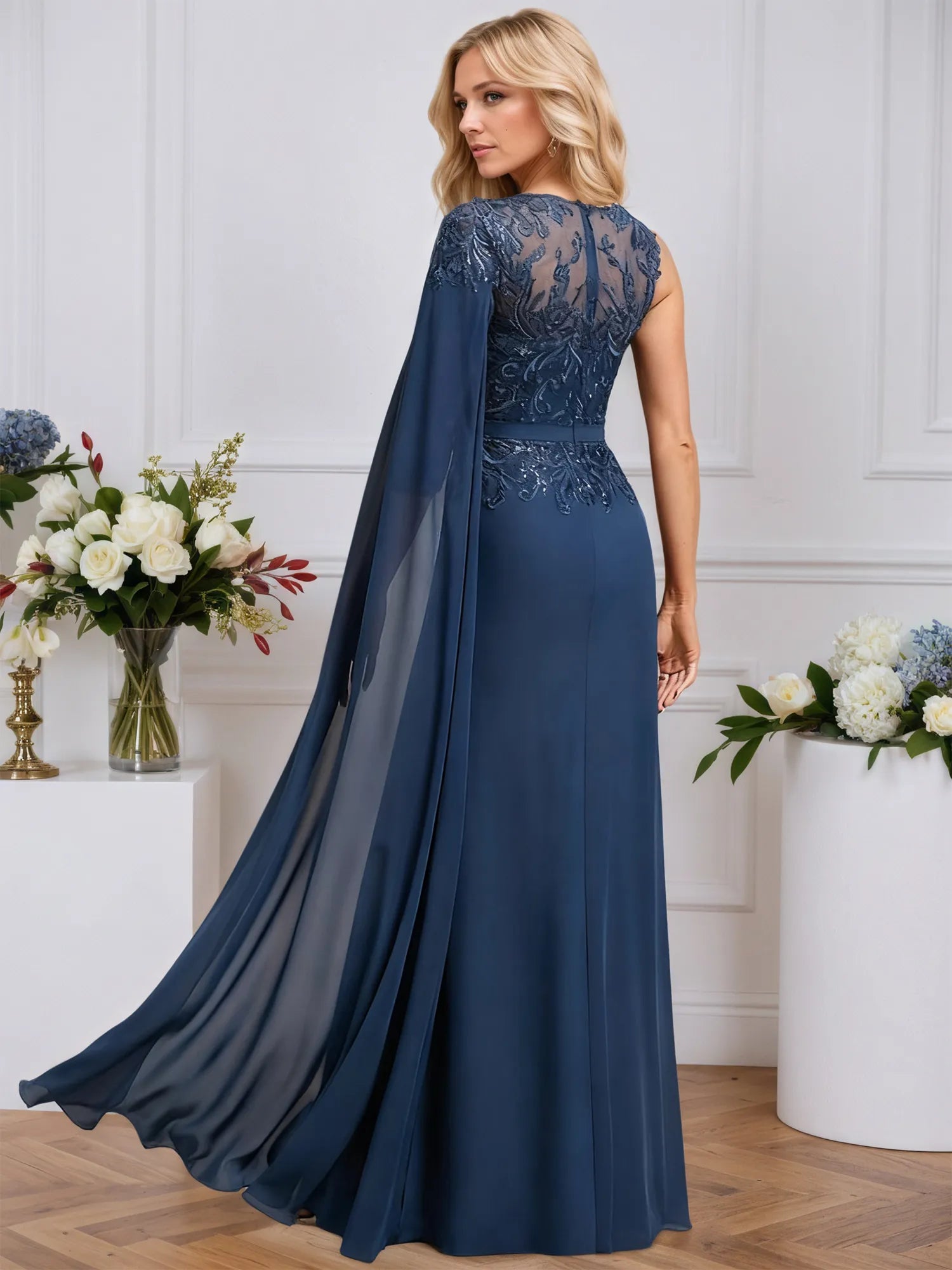 A-line Scoop Neck Floor-Length Chiffon Evening Dress With Sequins Appliques