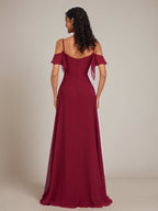 Bordeaux A-Linien Spaghettiträger Bodenlanges Chiffon Brautjungfernkleid mit Rüschen