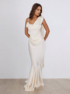 Ivory Satin Asymmetrical Neck Sleeveless Floor Length Dress With 3D Flower