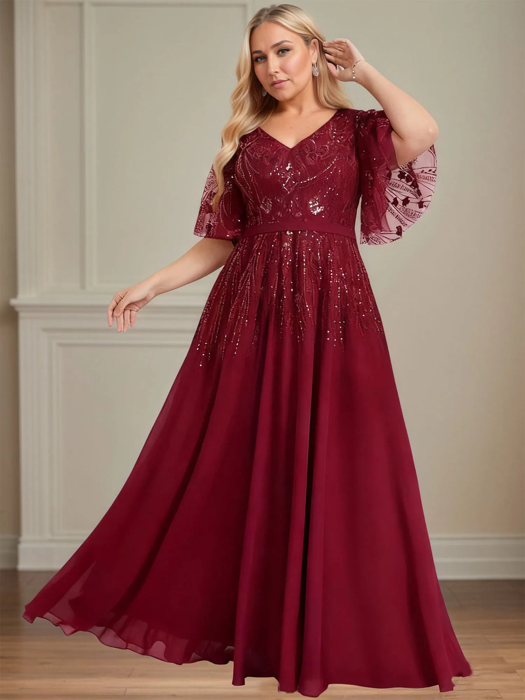 A-line V-Neck Floor-Length Lace Chiffon Evening Dress With Sequins