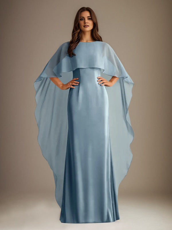 Vestido de madre de la novia largo tipo columna con escote barco, de gasa y volantes en cascada