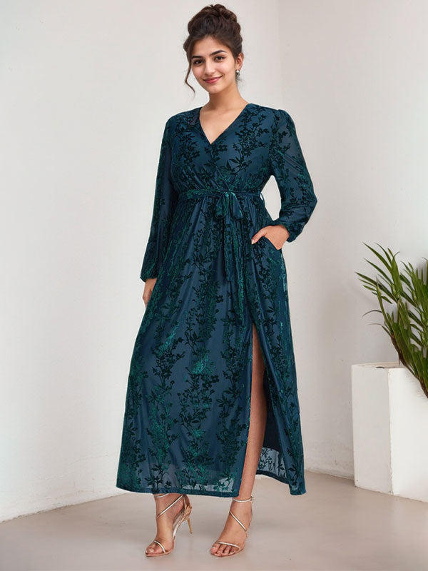 A-Linien V-Ausschnitt langärmliges Samt Tee-Länge Kleid für die Brautmutter mit Schlitz