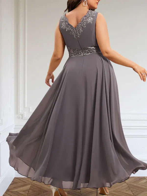 A-Linien Kleid mit V-Ausschnitt, knöchellang, aus Chiffon, Mutter der Braut Kleid mit Pailletten, Applikationen, Spitze und Perlenbesatz