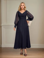 A-line V-Neck Collared Ankle-Length Chiffon Mother of the Bride Dress With Pleated