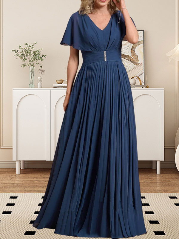 A-Linien V-Ausschnitt Bodenlanges Chiffon Brautmutterkleid mit Kristallbrosche und Plisseefalten