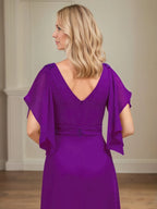 A-Linien V-Ausschnitt Appliziertes bodenlanges Kleid für die Brautmutter mit Rüschen
