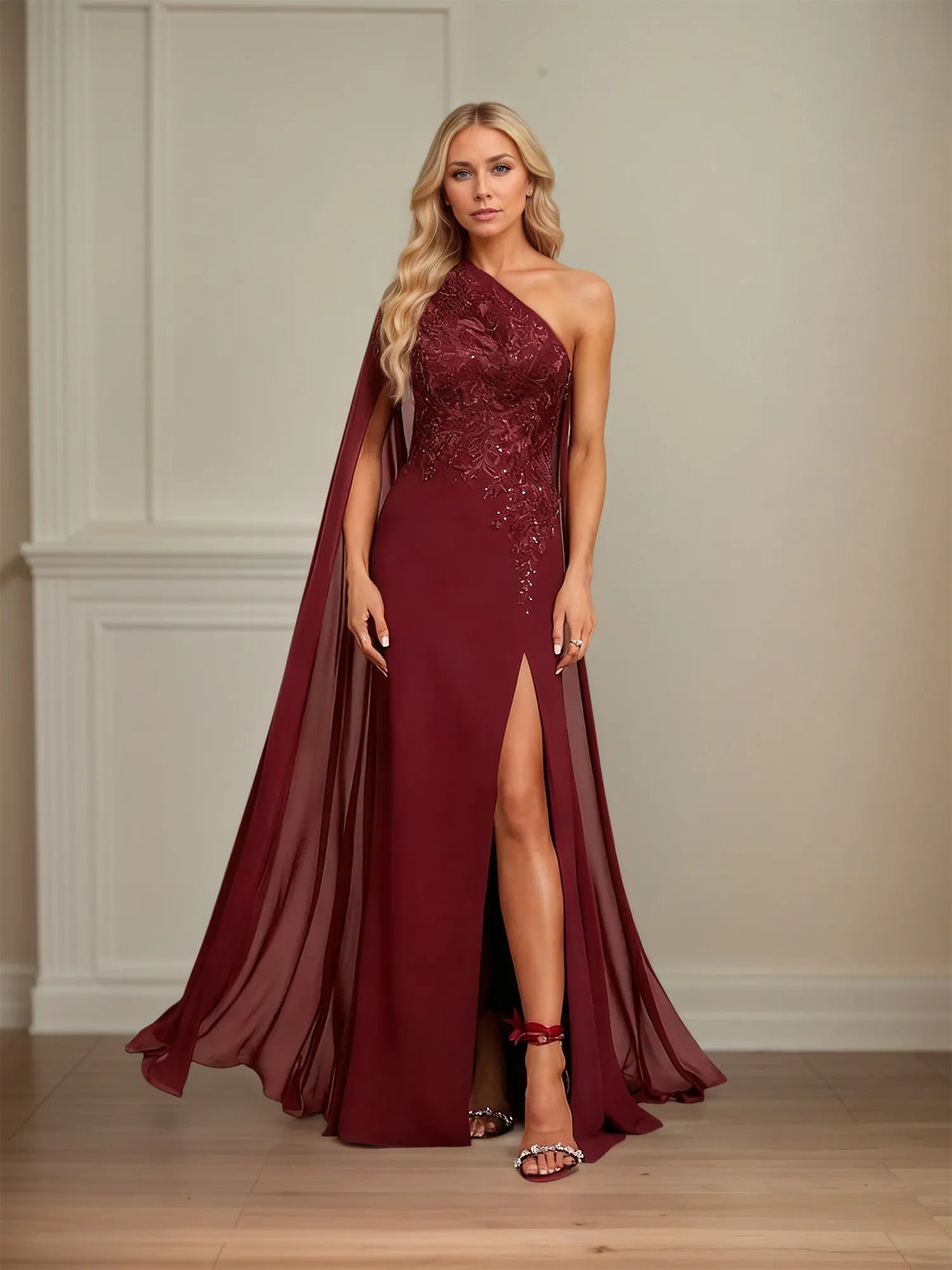 Vestido de Mãe da Noiva em Chiffon, Modelo Tubinho/Coluna, Ombro Único, Comprimento Longo com Apliques