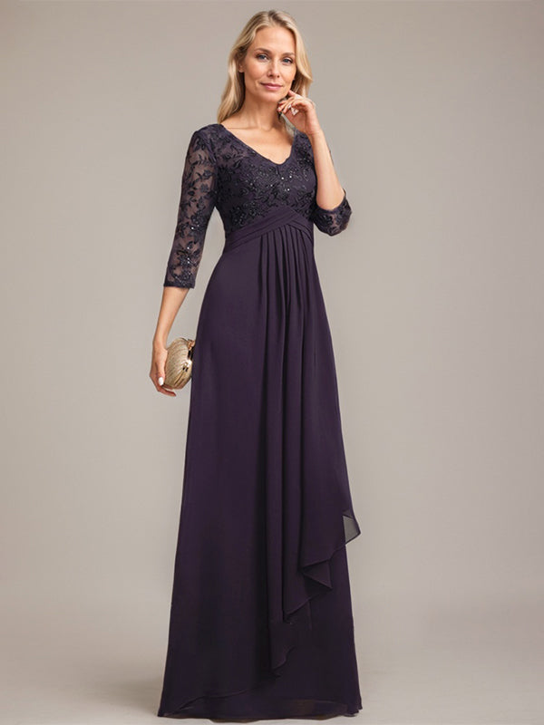 Vestido de madre de la novia en línea A con escote en V, encaje y gasa larga hasta el suelo con volantes en cascada y lentejuelas
