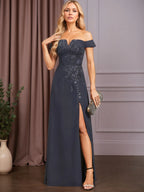 A-line Off the Shoulder Floor-Length Lace Chiffon Evening Dress With Sequins