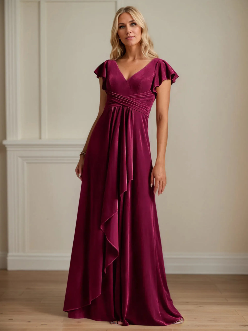 A-Linien V-Ausschnitt Kurzarm Samt Brautmutterkleid mit Rüschen