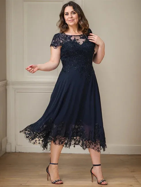 Robe mère de la mariée ligne A illusion à col rond longueur thé en dentelle mousseline avec paillettes