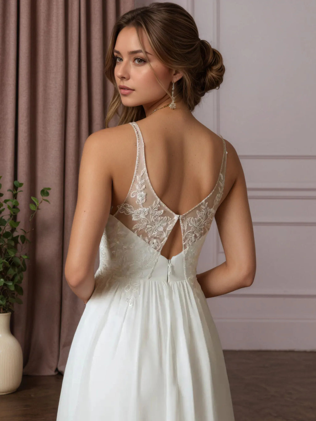 Vestido de novia blanco en línea A de gasa con lentejuelas