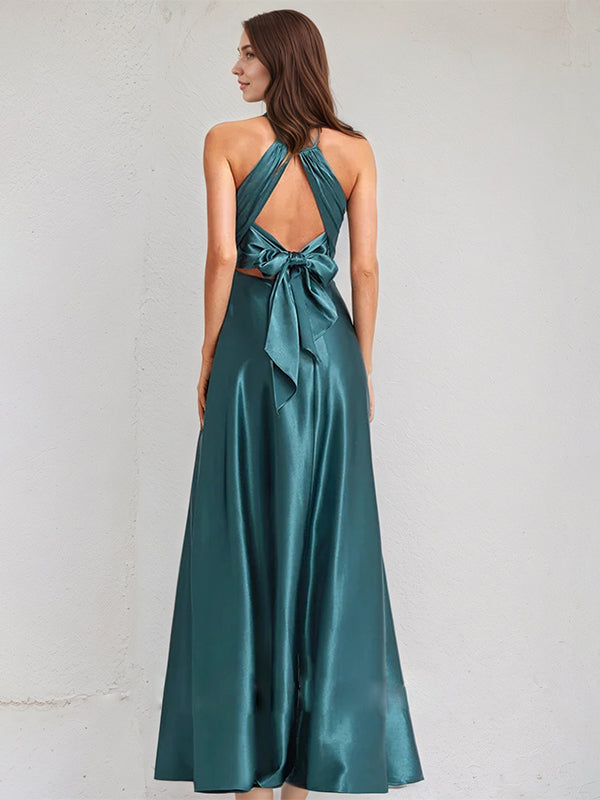 A Line Satin Halter Neck Sleeveless Floor Length Bridesmaid Dress