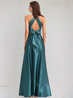 A Line Satin Halter Neck Sleeveless Floor Length Bridesmaid Dress