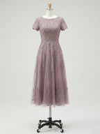 A-line Scoop Tea-Length Tulle Lace Mother of the Bride Dress