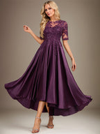A-line Scoop Illusion Asymmetrical Stretch Satin Lace Mother of the Bride Dress With Sequins