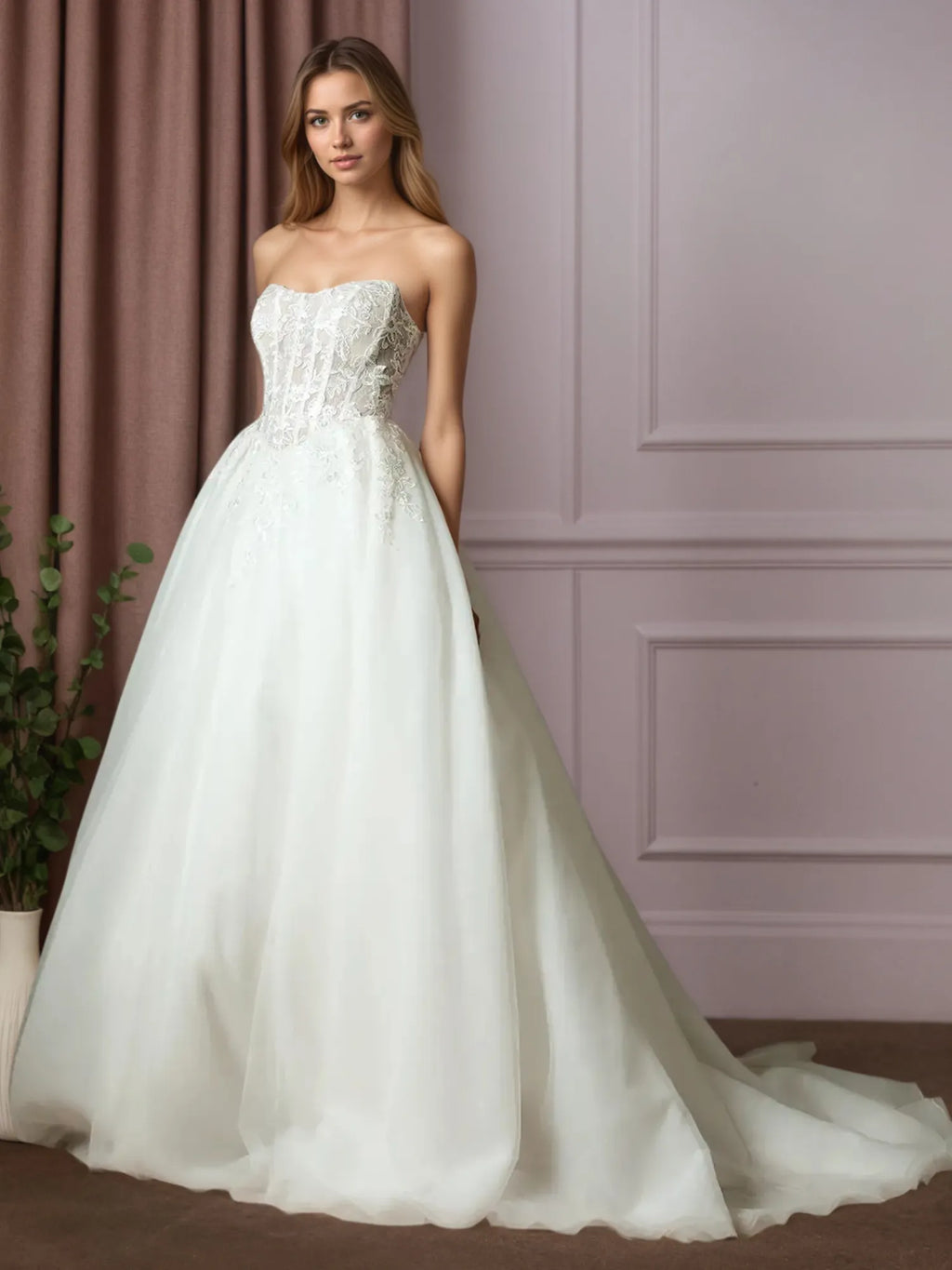 Vestido de novia blanco de corte princesa sin tirantes con encaje plisado