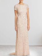 Vestido largo para madre de la novia azul polvo con lentejuelas y escote redondo ajustado