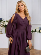 A-line Cold Shoulder V-Neck Floor-Length Chiffon Evening Dress With Cascading Ruffles Beading