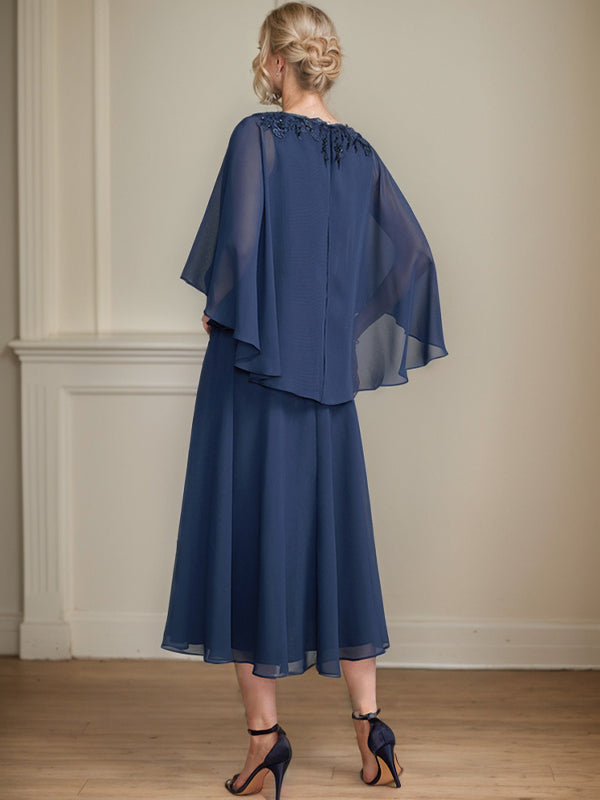 A-Linien-Brautmutterkleid aus Chiffon, V-Ausschnitt, tea-length mit Spitze, Pailletten und Perlen