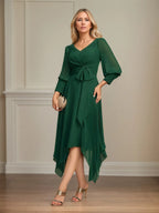 A-Linien V-Ausschnitt Asymmetrisches Chiffon Kleid für die Mutter der Braut mit Schleife und Plissee