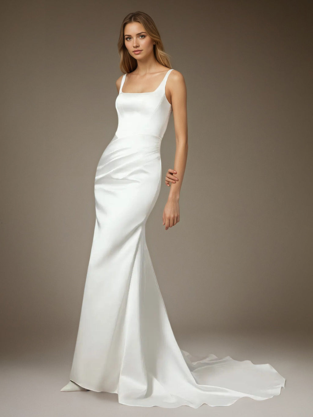 Vestido de novia blanco sirena con escote cuadrado y satén doble faz