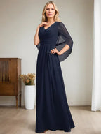 Dunkelmarineblaues A-Linien V-Ausschnitt langes Kleid für die Mutter der Braut