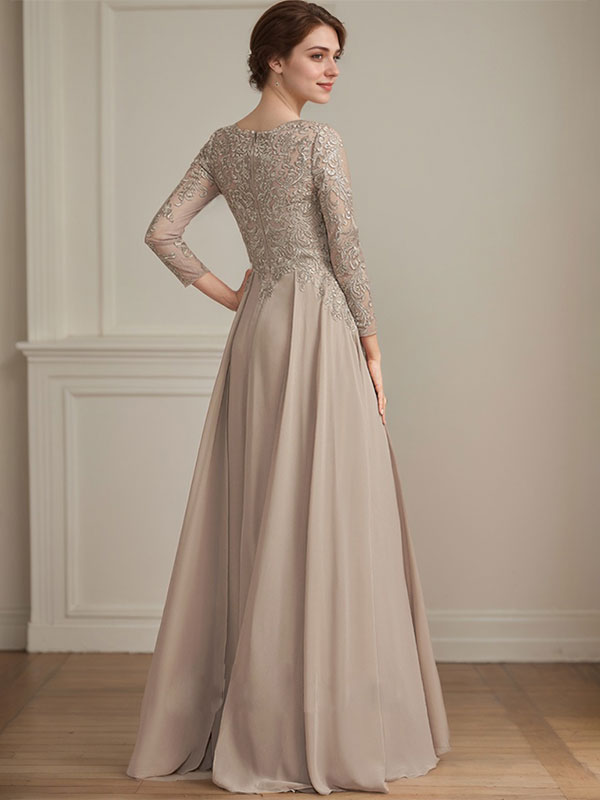 Vestido para madre de la novia línea A con escote en V, largo hasta el suelo, de encaje y gasa con lentejuelas
