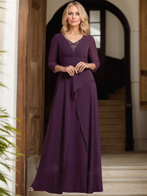 Vestido de madre de la novia línea A con escote en V, largo hasta el suelo, chiffon plisado y bordado