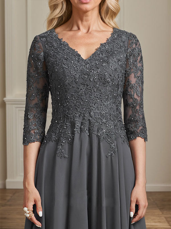 A-Linien-Brautmutterkleid aus Chiffon, V-Ausschnitt, tea-length mit Spitze, Pailletten und Perlen