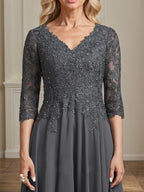A-Linien-Brautmutterkleid aus Chiffon, V-Ausschnitt, tea-length mit Spitze, Pailletten und Perlen