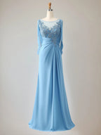 Vestido para madre de la novia trompeta/sirena de gasa con escote redondo, mangas 1/2 y cuentas
