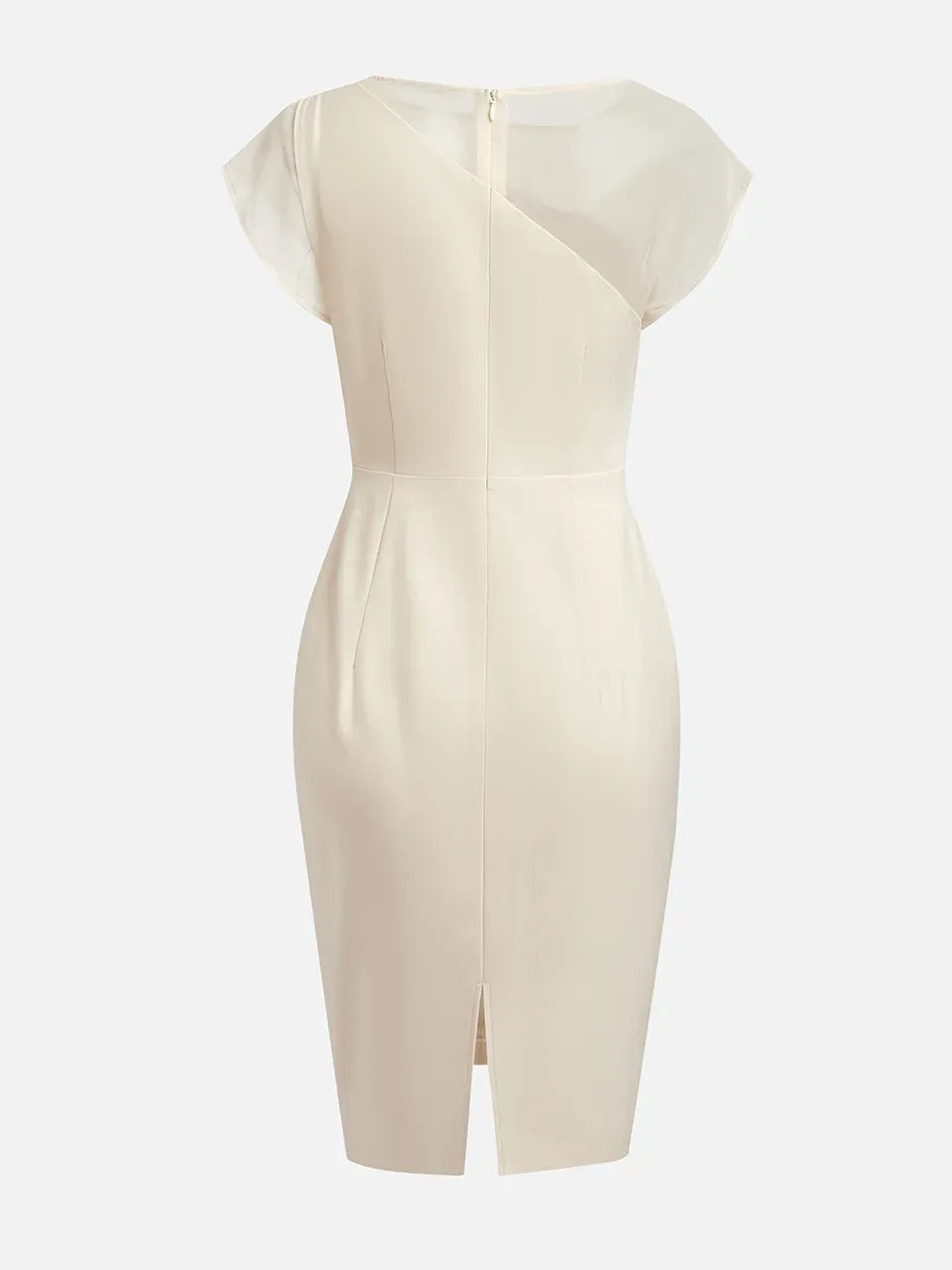 Robe midi fourreau blanche en satin avec col bateau, manches courtes et perles imitation