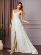 Weißes A-Linien Spitzen Chiffon Hochzeitskleid