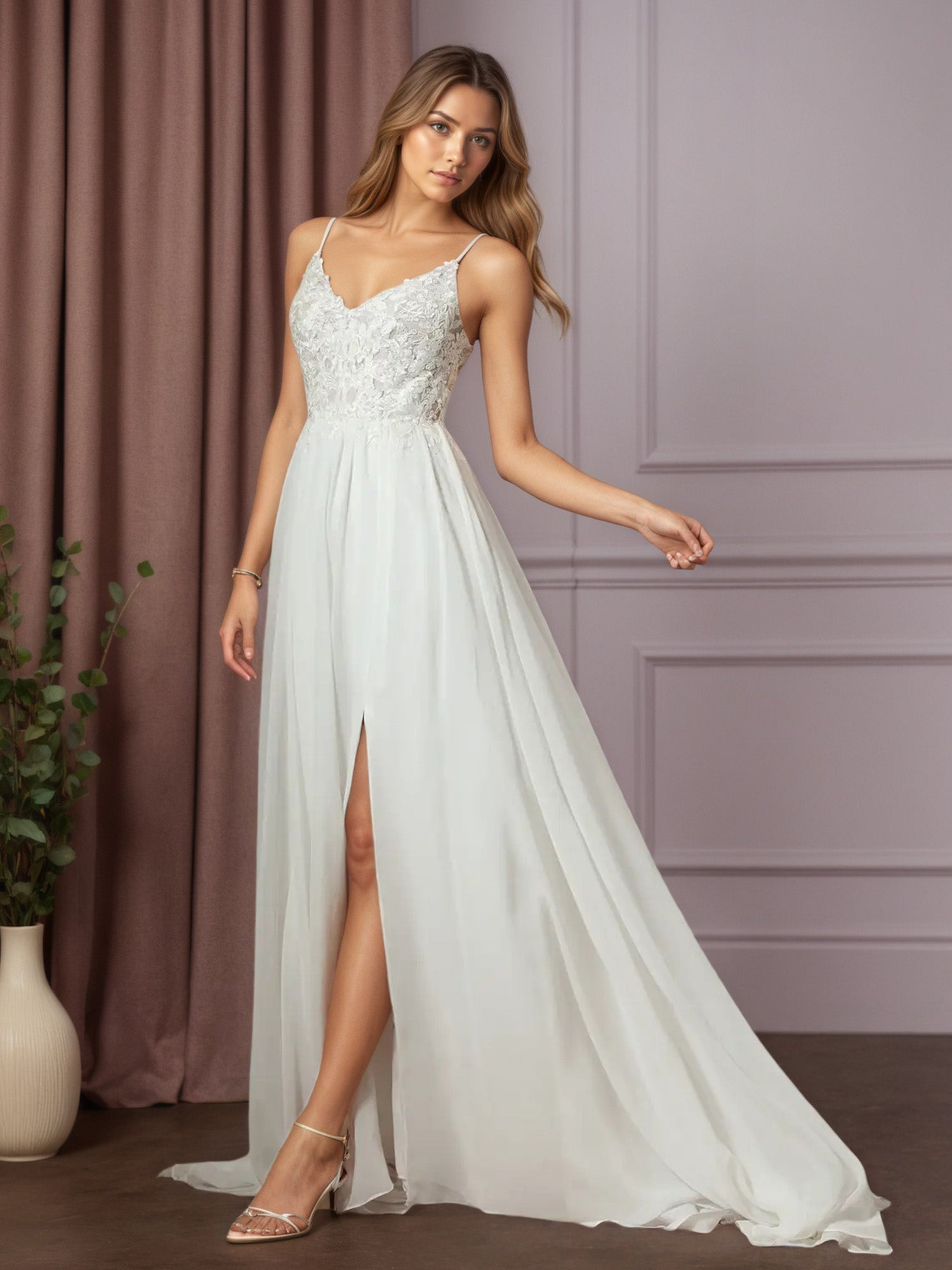 Weißes A-Linien Spitzen Chiffon Hochzeitskleid