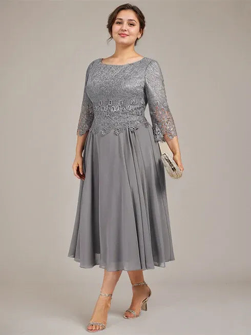 A-line Scoop Tea-Length Lace Chiffon Mother of the Bride Dress