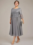 A-line Scoop Tea-Length Lace Chiffon Mother of the Bride Dress