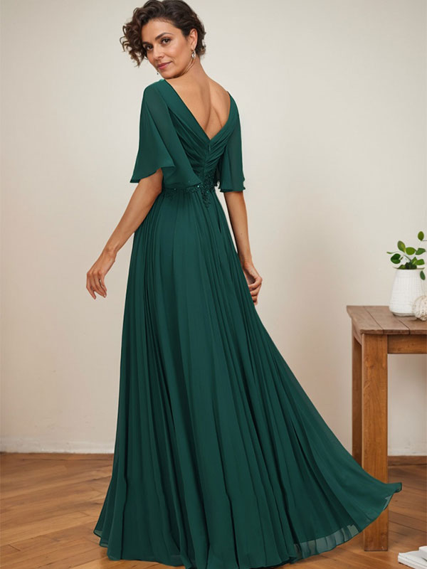 A-Linien V-Ausschnitt bodenlanges Chiffon Mutterkleid der Braut mit Pailletten-Applikationen, Spitze und Falten