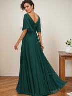 A-Linien V-Ausschnitt bodenlanges Chiffon Mutterkleid der Braut mit Pailletten-Applikationen, Spitze und Falten