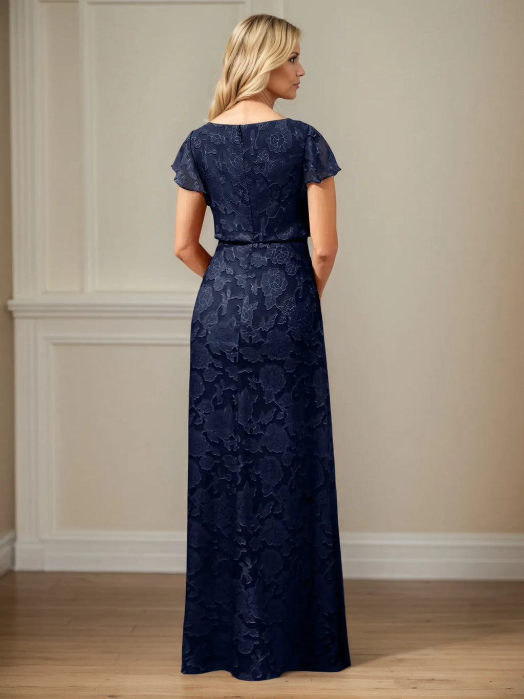 A Line Boat Neck Short Sleeve Floral Burnout Mother of the Bride Dress