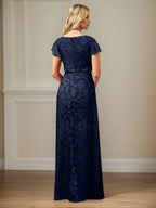 A Line Boat Neck Short Sleeve Floral Burnout Mother of the Bride Dress