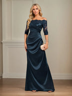 Sheath/Column Off the Shoulder Floor-Length Lace Stretch Satin Evening Dress With Pleated