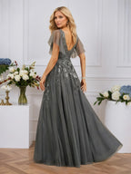 A-line V-Neck Floor-Length Tulle Lace Evening Dress With Sequins