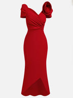 Rotes 3D-Blumen schulterfreies Meerjungfrau-Midikleid